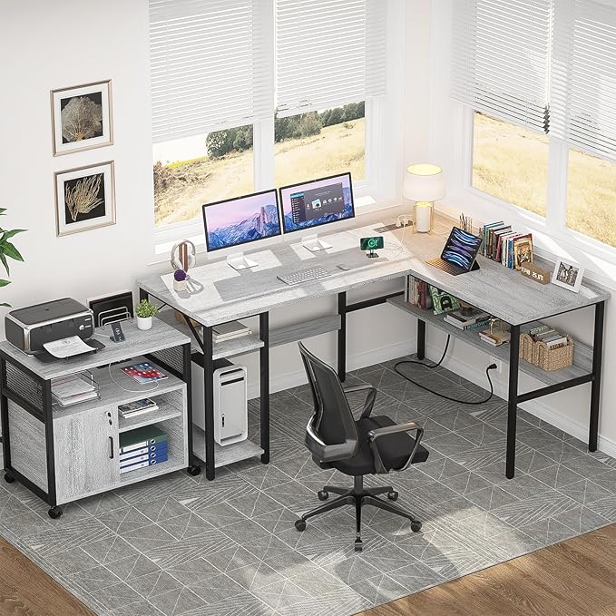 Unikito L Shaped Computer Desk with Magic Power Outlets and USB Charging Ports Sturdy Reversible Corner Desk with Storage Shelves Modern Work Desk for Home Office Easy to Assemble White Oak