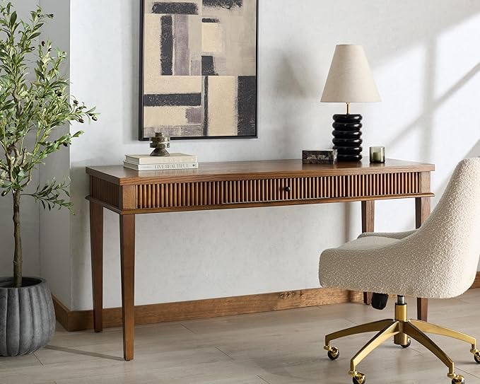 SAFAVIEH Couture Collection Shelbie Medium Oak Brown &amp Black 1-Drawer Reeded Computer Table Office Writing Desk