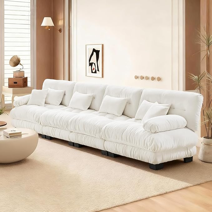 Beige Chenille Sectional Couch-173.3 Oversized 4-Seater Cloud Sofa with Pillow High-Density Sponge Filling Lounge Couches for Living RoomApartment