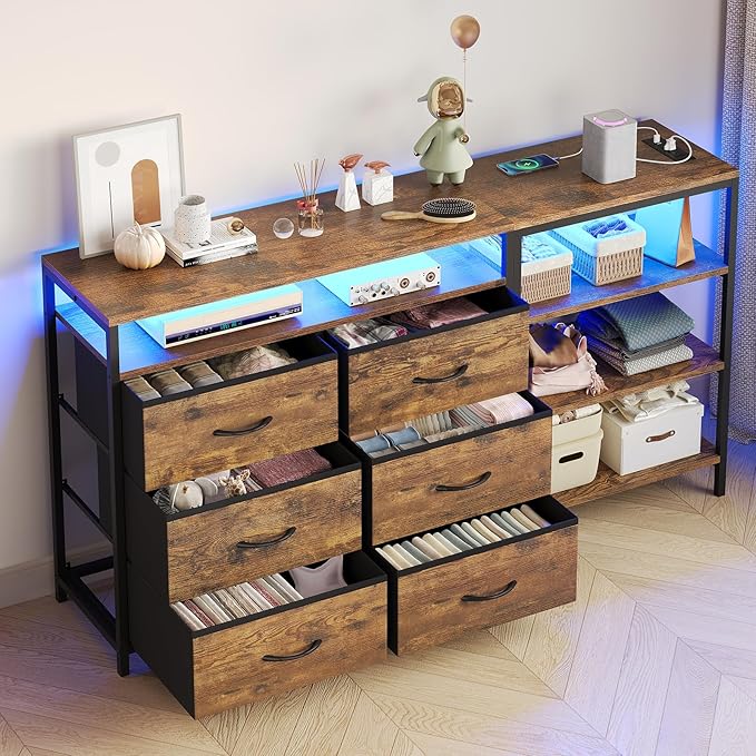 BTHFST TV Stand for Bedroom with Charging Station and LED Lights Entertainment Center for 60 Inch TV with 6 Fabric Drawers TV Console with Open Shelf for Living Room Rustic Brown
