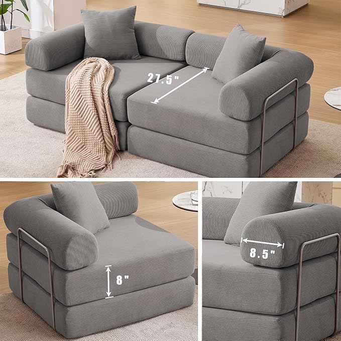 Convertible Modular Couch Sofa Bed 4 in 1 Sleeper Floor Sofa with Folding Mattress Corduroy Fold Out Boneless Couch Bed with 2 Pillows Comfy Foldable Lounge for Living Room Bedroom Grey