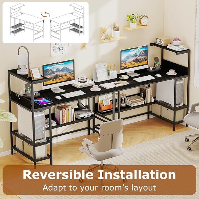 Giantex 48 Computer Desk with Charging Station Reversible Writing Desk with Storage Shelves &amp Headphone Hook Small Gaming Desk Industrial Computer Workstation for Home Office (Black)