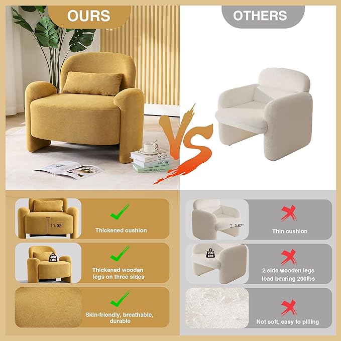 LOULENS Oversized Accent Chair Modern Linen Fabric Lounge Armchair for Living Room Upholstered Comfy Reading Single Sofa Chair for Bedroom Waiting Room Corner Office Yellow