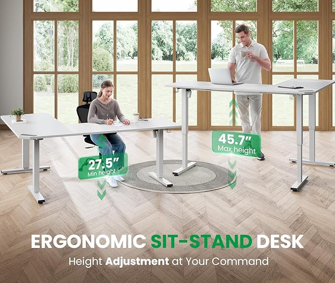 L-Shaped Standing Desk - 63 x 55 Inch Adjustable Corner Standing Desk with Charging Station - L Shape Sit Stand Table with Memory Controller Splice Board for Home Office
