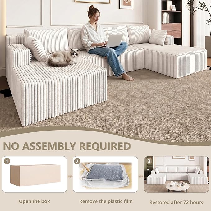 124 U Shaped Cloud Couch Sectional Corduroy Upholstered 4-Seater Cloud Couches for Living Room Deep Seat Modular Boneless Sofa with Lounge Chaise No Assembly Required White