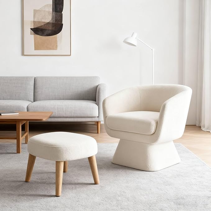 Lazy Chair with Ottoman 360° Swivel Lounge Accent Chair with Footrest Upholstered Reading Sofa Chair for Living Room Bedroom Small Space Modern Corner Chair White