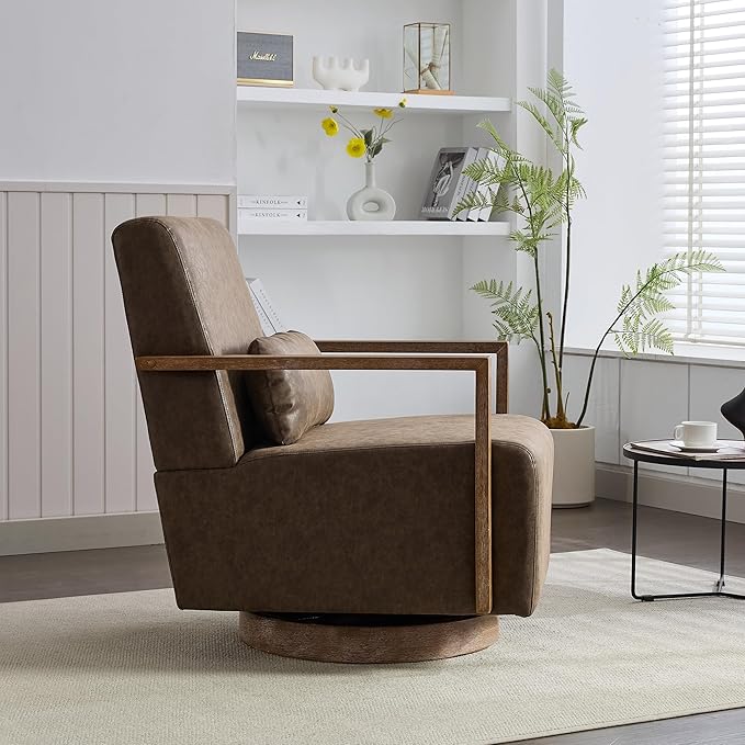 30.5 W Swivel Modern PU Upholstered Accent Chair with Solid Wood Armrests Comfy Lounge Reading Chair Side Armchair for Hotel Bedroom Living Room Office Nursery Room (PU Coffee)