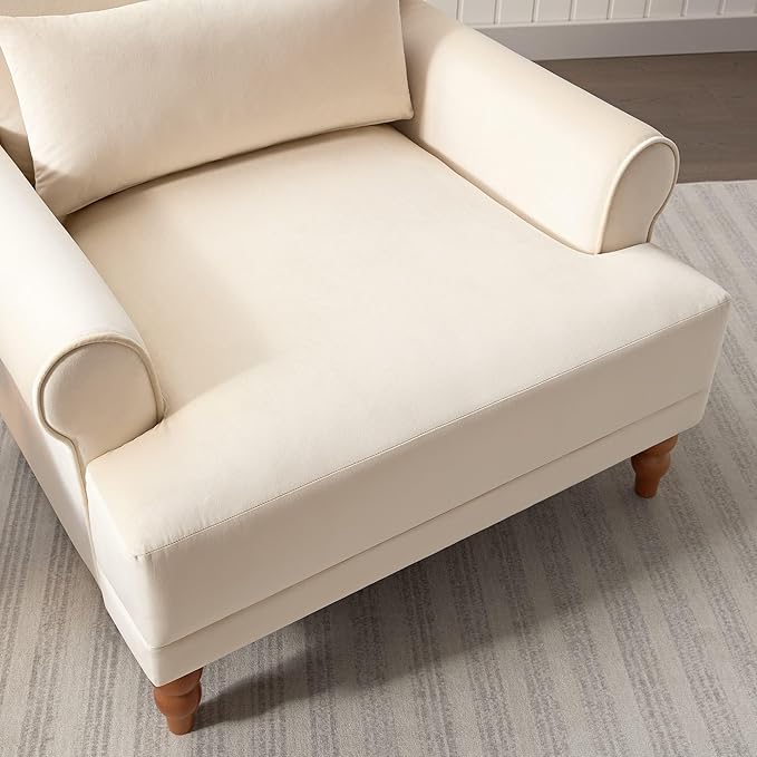 Beige Velvet Accent Arm Chair with Solid Wood Legs | Ergonomic Lumbar Support Cozy French Country Chic Large Lounge Chair for Living Room Bedroom Study