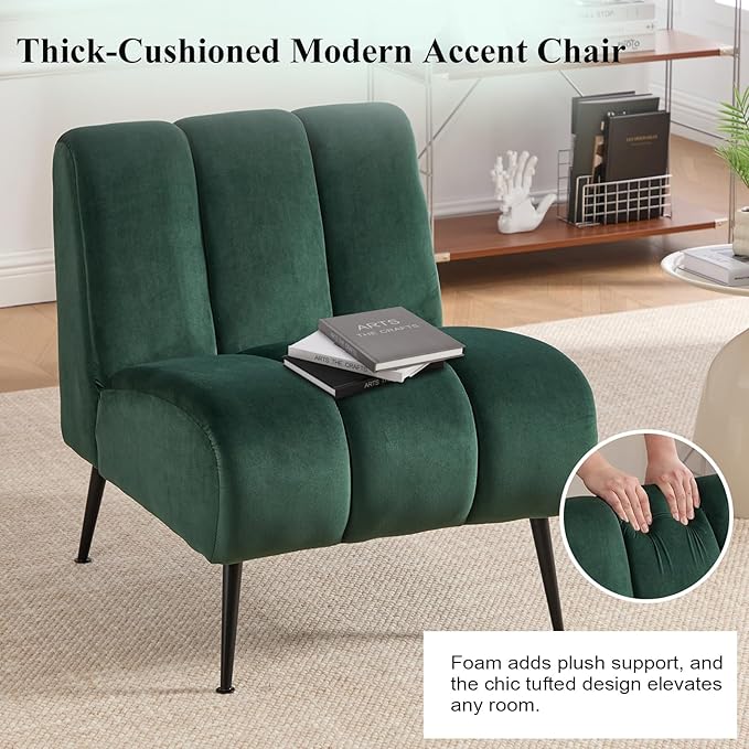 Modern Accent Chair Velvet Upholstered Fuzzy Club Chairs with Tufted Design Comfy Living Room Chair with Metal Legs Padded Reading Chair for Reading Room (Green-Velvet)