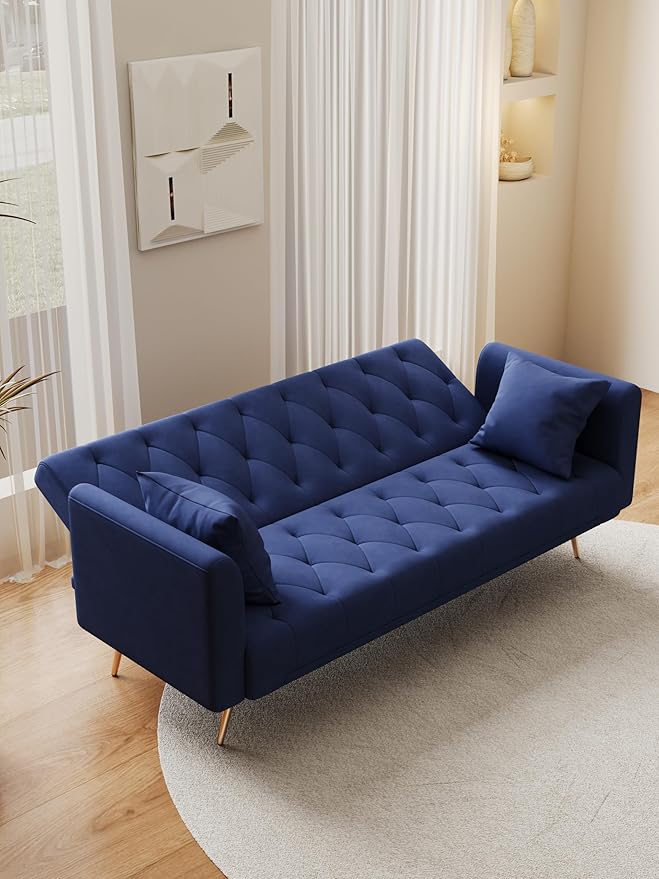 71 Convertible Velvet Futon Sofa Bed Loveseat with Multiple Adjustable BackrestsModern Sleeper Couch with Golden Metal Legs for Living RoomApartmentOfficeBlue