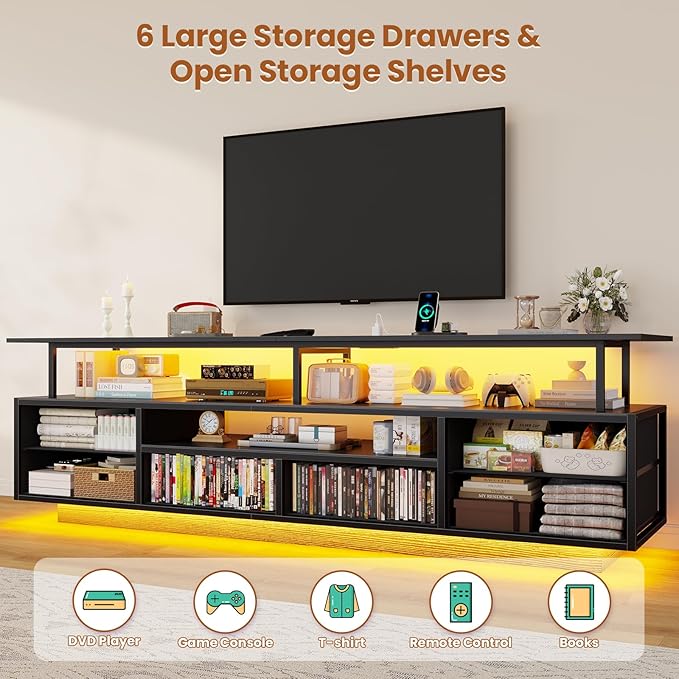 BTHFST TV Stand for 65 70 Inches TV with LED Lights &amp Power Outlets Entertainment Center with Open Shelves &amp 6 PU Fabric Drawers TV Media Console Table for Living Room Bedroom Black