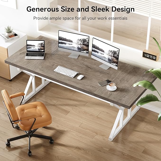 LITTLE TREE 70.8-Inch Large Executive Desk Modern Computer Office Desk Wooden Writing Desk Study Table for Home Office Grey-White