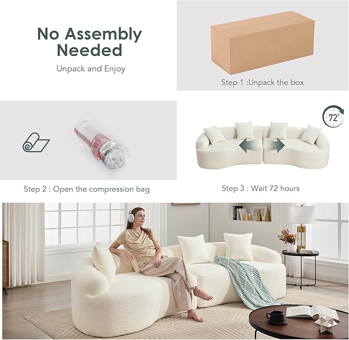 Modern Curved Boneless Sofa 110 Compression Modular Chenille High-Density Sponge Sectional Couch with 4 Seats No Assembly Required Lounge Sleeper Sofa for Living Room Apartment (White)