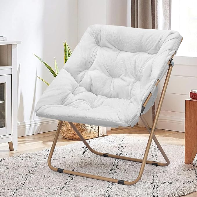 Foldable Oversized Moon Chair Large Soft Lazy Cozy Comfortable Faux Fur Square Saucer Moon Chair for Teens and Adults White