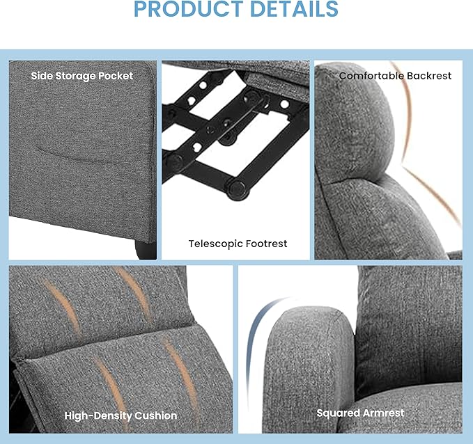 Simple Deluxe Recliner Chair - Adjustable Push Back Fabric Recliner Perfect Reading Chair &amp Sofa Chair for Living Room Chairs or Bedroom Chair Single Recliner for Home Theater Grey