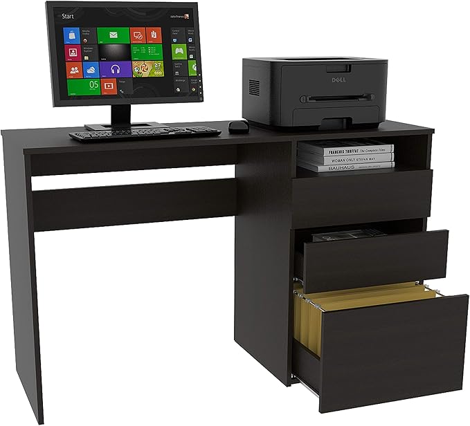 Kenai 3 Drawers Computer Desk Black Compact Storage Spacious Work Surface Modern Home Office