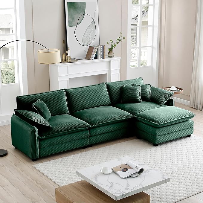 115.34 Modular Sectional Couch 3 Seat Extra Deep Corduroy Sofa with Ottoman Footrest 2 Arm Pillows &amp 3 Throw Pillows Modern Upholstered Comfy Couches for Living Room Bedroom Apartment Green
