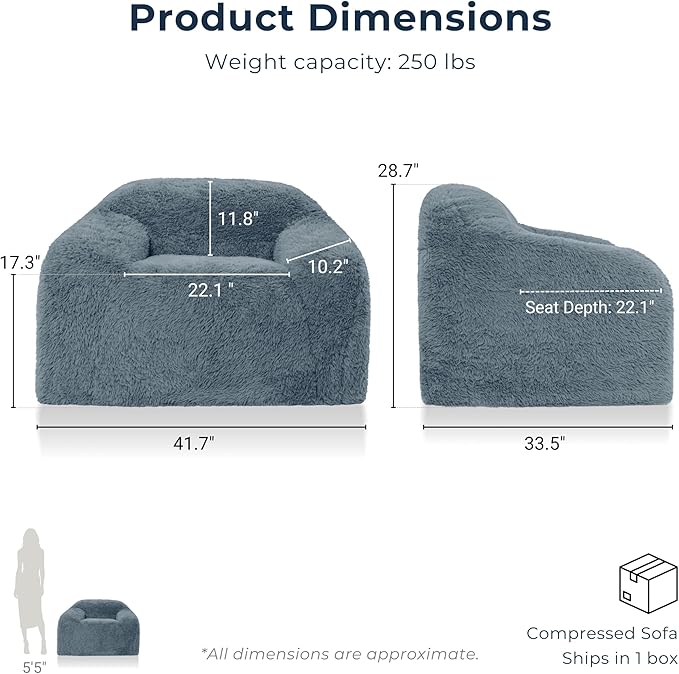 24/7 Shop at Home Garel Modern Upholstered Foam Sofa Chair with Curved Back and Arm Compressed Couch in a Box No Assembly Required for Home Theater and Living Room Ocean Blue