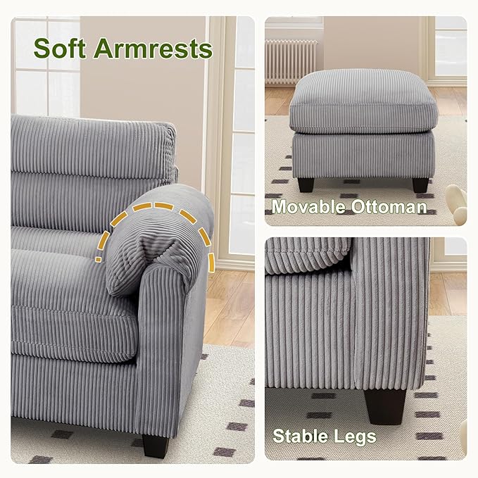 Corduroy Sofa Set Upholstered Loveseat with Plush Cushions and Rolled Arms Modern Living Room Furniture SetsGrey