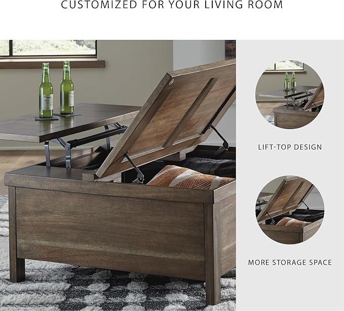Signature Design by Ashley Moriville Rustic Hinged and Lift Top Cocktail Table with Hidden Storage Light Brown
