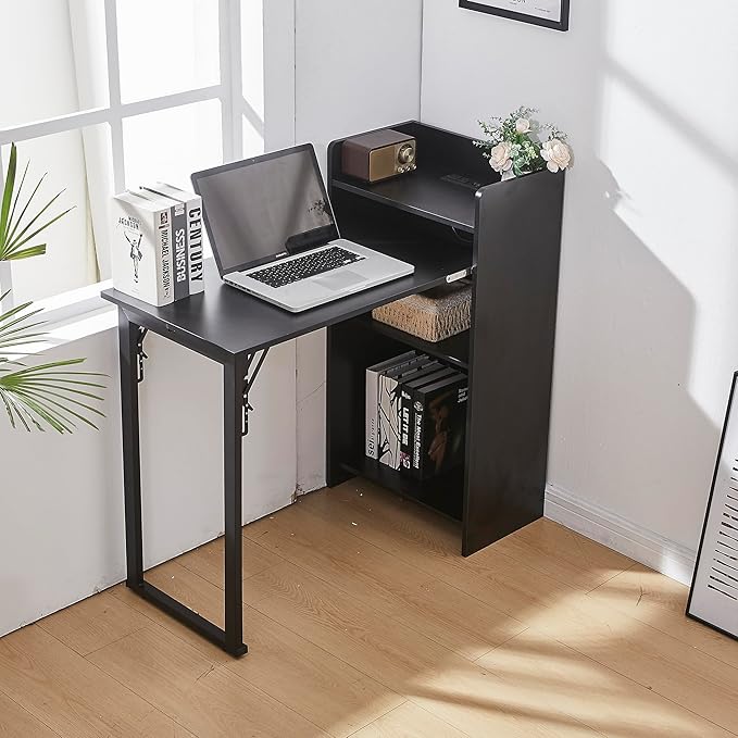 Foldable DeskHidden Desk with Storage and Built-in SocketMid Century Fold Out Table for Small SpacesHome Office and Bedroom (Black)