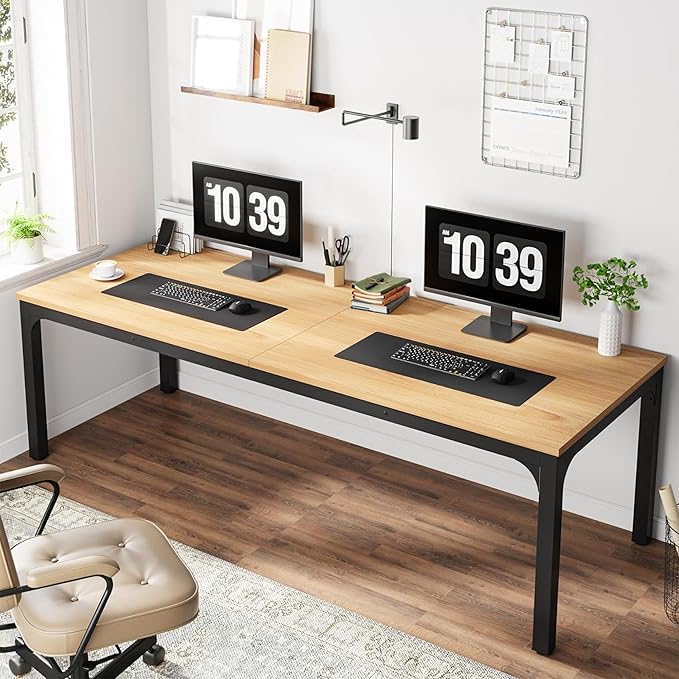 78 Two Person Computer Desk with Drawers Long Double Home Office Desk with with Storage Shelves Large Gaming Study Writing Table Workstation for Office (Walnut+Black)