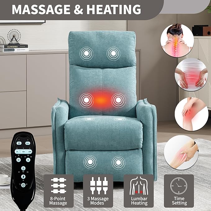 PELUMY 360 Swivel Rocking Recliner Chair for Adults Nursery Rocking Chair with Heat and Massage Glider Reclining Chair for Small Space Living Room Bedroom (Teal)