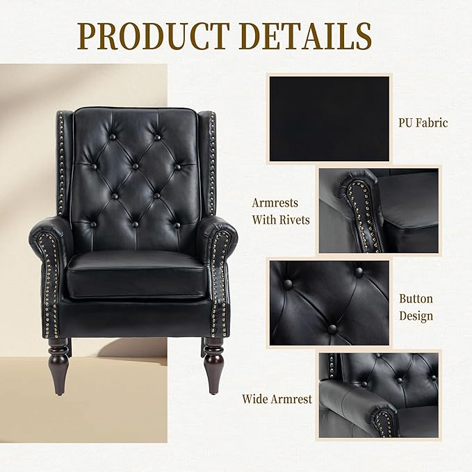 Brown Leather Accent Chair with High Back Vintage Tufted Wingback Chair with Arms &amp Rivet Upholstered Armchair &amp Single Sofa Chairs for Living Room Bedroom Office Apartment (Black)