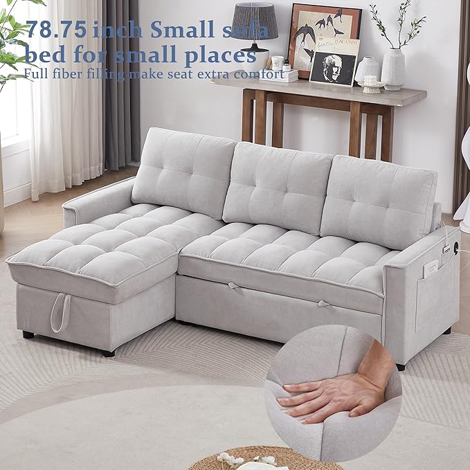 Reversible Sectional Sleeper - Pull Out Sofa Bed Couch with USB and Tape-c Charging Ports L-Shape Sleeper Sectional Sofa Couch for Living Room Office and Small Apartment (Light Grey)