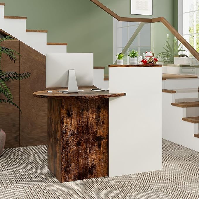 Reception Desk Small Retail Checkout Counter with Lockable Drawer and Open Shelves Wooden Computer Workstation for Home Office Lobby White Oval Desktop &amp Brown Counter