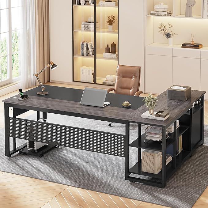 71 in Executive Desk with Power Outlets Reversible L Shaped Computer Desk with File Drawers &amp Storage Shelves Large Office Desk with Pegboard Mobile CPU Stand Modern Corner Desk (Grey)