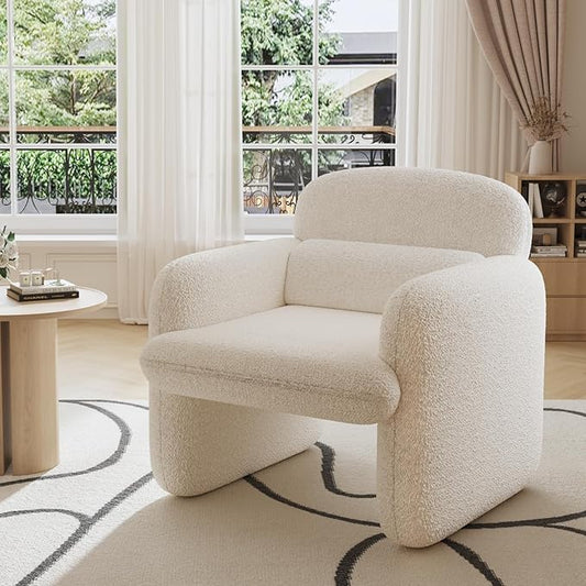 Furniliving 30.5 Accent Chair Modern Chenille Fabric Armchair for Living Room Comfy Upholstered Reading Accent Chairs for Bedroom Single Sofa Chair with Wood Legs White