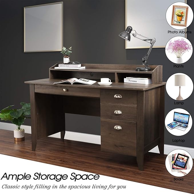 Home Office Desk Writing Computer Desk with Hutch and Sliding Track Drawers Vintage Wood Style Laptop Table for Study Bedroom Workstation