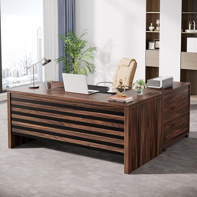 Tribesigns 62.2 Executive Desk with Mobile File Cabinet L-Shaped Office Desk with Storage Shelves Large Computer Table Business Workstation Set for Home Office Dark Brown