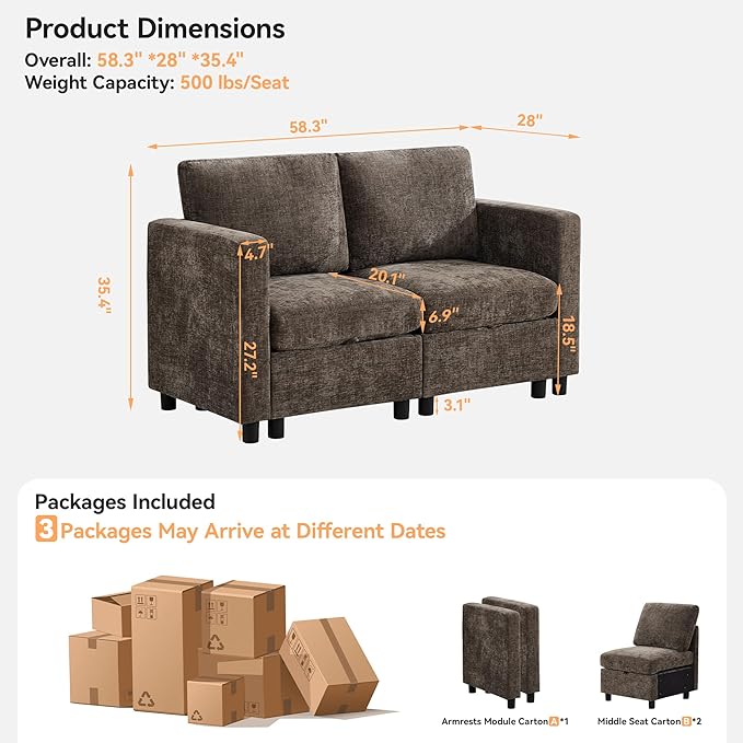 58'' Modular Sectional Loveseat Sofa Modern Love Seat 2 Seater Sofa Couch with Storage Chenille Modular Sectional Couch for Living Room Bedroom Office Small Apartment Brown