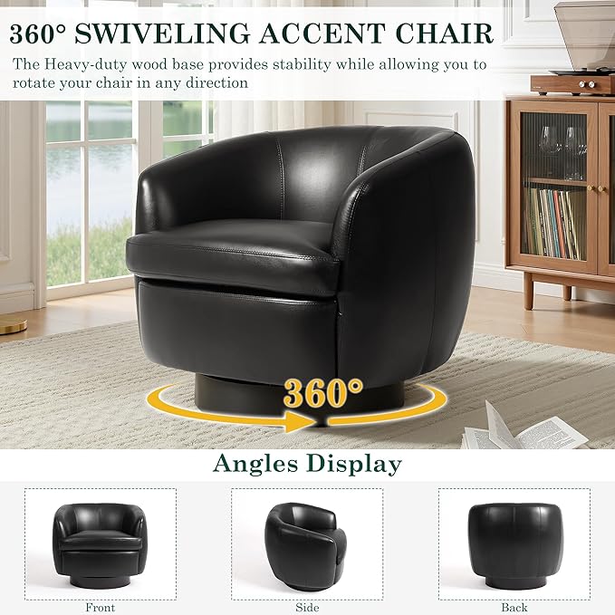 UIXE Leather Swivel Barrel Accent Chairs Set of 2 Comfy Round Faux Leather Armchair Reading Chair for Living Room Barrel Club Chairs Bedroom Black