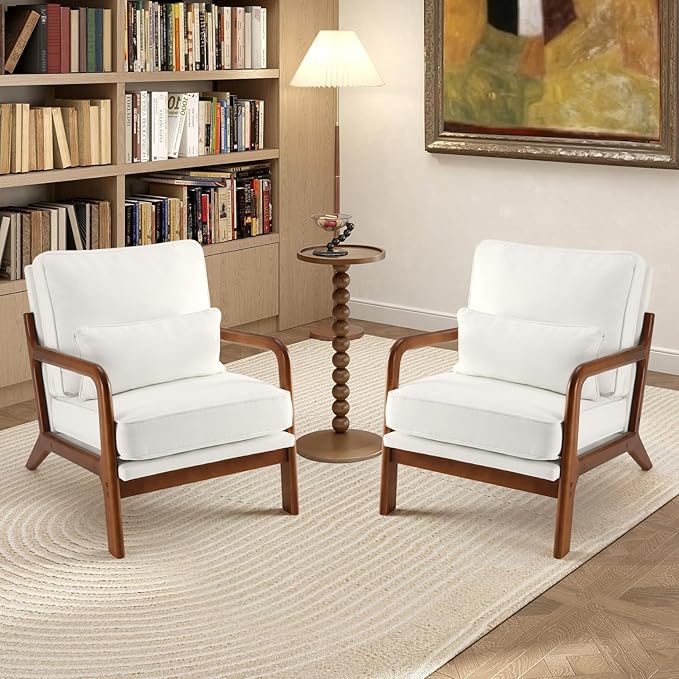 DUMOS Accent Chairs Set of 2Mid Century Modern Chair with Arms and Waist Cushion Reading Chairs for Adults Lounge Chair for Living Room and Bedroom Solid Wooden Frame Cream