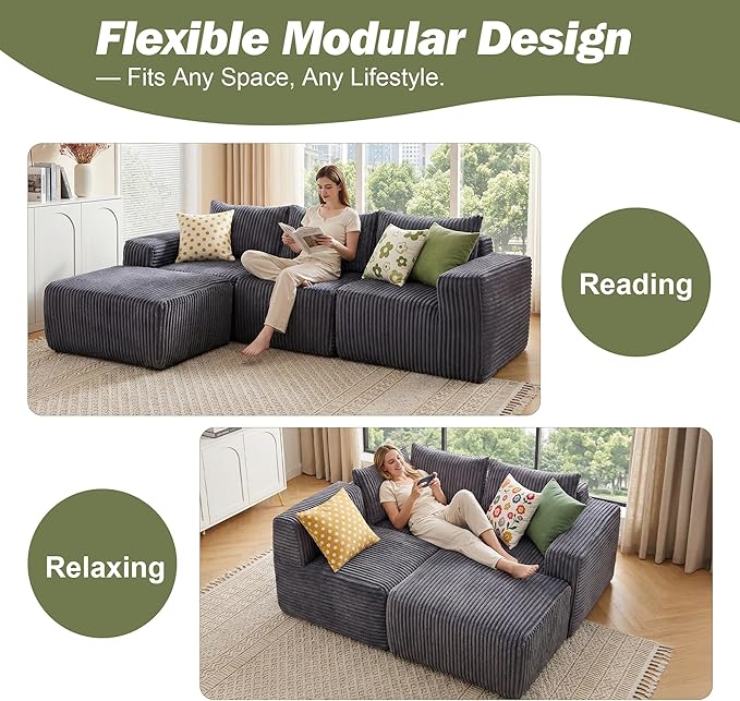 101 L Shaped Boneless Sectional Couch Cloud Memory Foam Couch for Living Room &amp Apartment Corduroy Upholstered Sofa Bed with Chaise Movable Ottoman No Assembly RequiredDark Gray