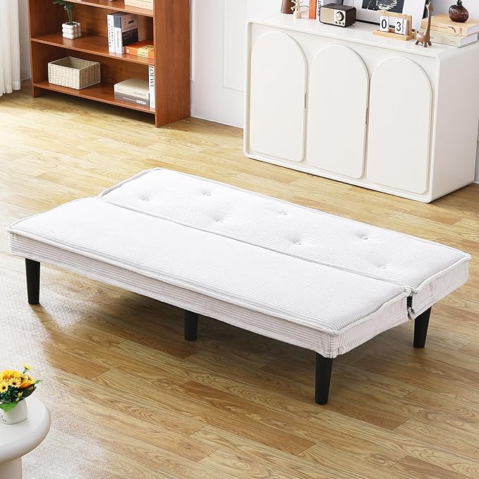 Modern Corduroy Convertible Folding Futon Couch Sofa Bedwith Adjustable Backrest Memory Foam Couch Double Loveseat Sofa for Compact Living SpaceDormGame StudioApartmentBedroom (White)