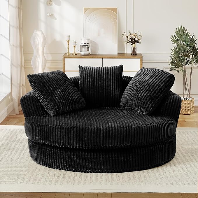 61-inch Oversized Round Chair Modern Accent Corduroy Comfy Deep Seat Boneless Foam Floor Circle Chaise Lounge Sofa Chair with 3 Pillows for Living Room Bedroom Office No Assembly Required Black