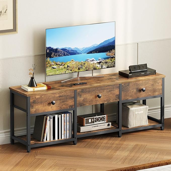 TV Stand with 3 Fabric Drawers for up to 50 Inch TV 47.2 Industrial Media Console Entertainment Center with Shelves for Living Room Bedroom Home Office Rustic Brown and Black DS12BR