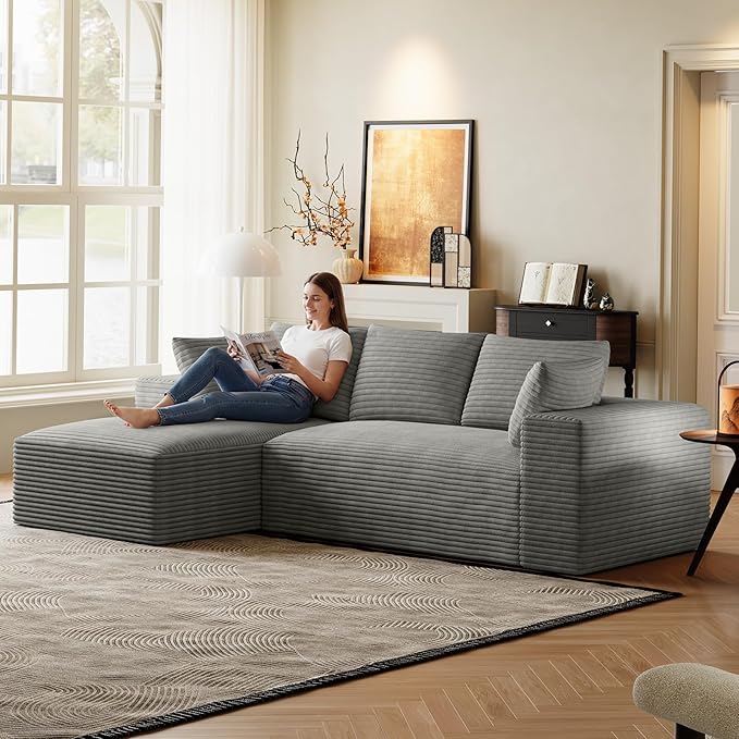 107 Sectional Couches for Living Room Comfy L Shaped Boneless Couches Modern Deep Seat Modular Sofa Cloud Corduroy Couch with Left Facing Chaise No Assembly Needed Light Grey