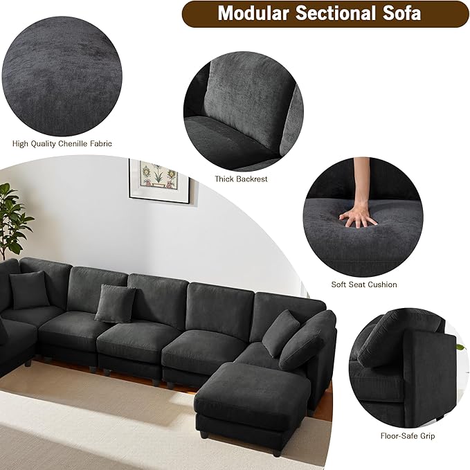 Modular Sectional Sofa Oversized Chenille Cloud Couch with Movable Ottoman 7 Seater Cloud Sectional Couch Convertible L/U-Shape and Sofa Bed Couches for Living Room Black