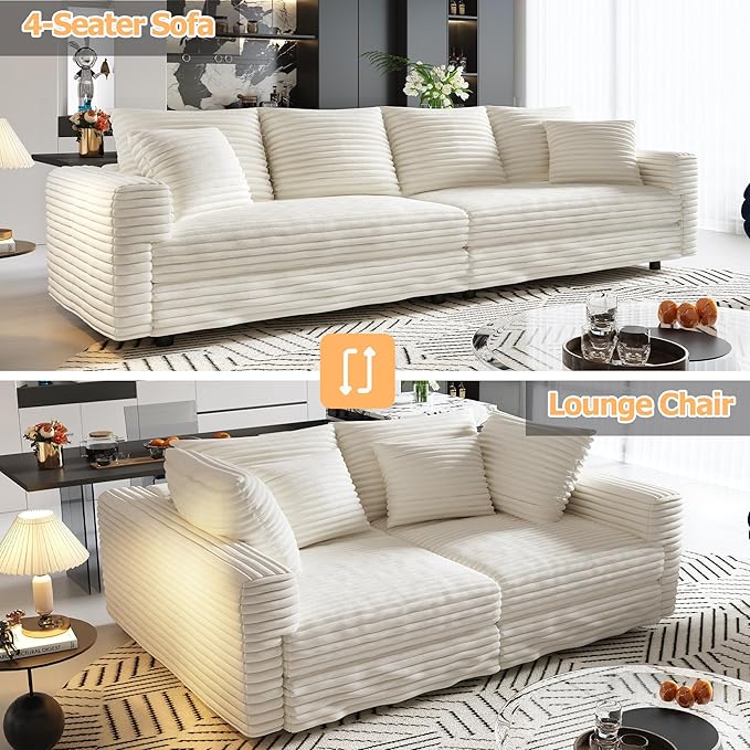 Cloud Couch Modular Sectional Sofa Fluffy 4 Seater Corduroy Cloud Sofa Couch 102.4'' Oversized Chaise Lounge Sleeper Sofas Deep Seat Sectional Couches for Living Room Beige