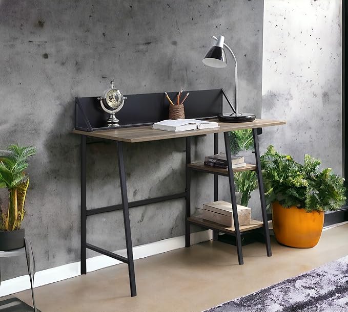 Penau Rustic Oak Writing Desk with Black Finished Legs 2-Tier Shelf Smartphone Holder Modern Design for Home Office