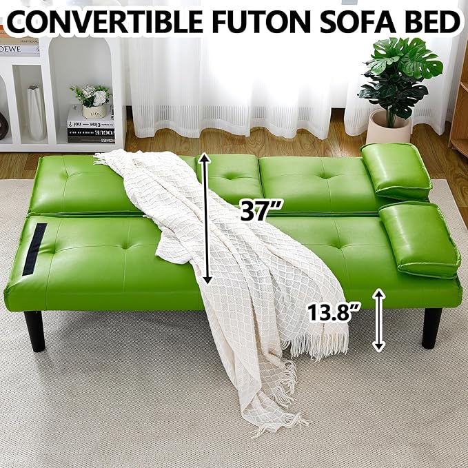 Green Futon Couch &amp Convertible Futon Sofa Bed for Small Space 67 Loveseat Couches with Removable Armrests &amp 2 Cup Holders for Living Room Bedroom Dorm Apartment Easy Assemble (Green)