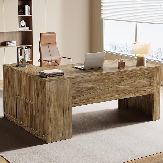 Tribesigns 71 L-Shaped Executive Desk with File Cabinet Large Office Computer Table with Storage Shelves Professional Business Furniture Workstation for Home Office Rustic Brown