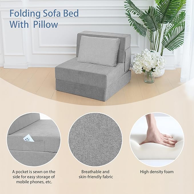 Sofa Bed Foldable Mattress Folding Sleeper Sofa Chair Bed Floor Mattress with Pillow for Living Room Home Office (Light Gray Single)