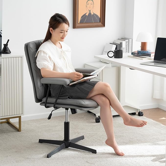 Home Desk Chair No Wheels with Arms Crossleg Stationary Ergonomic Office Swivel Working Computer Chair Grey