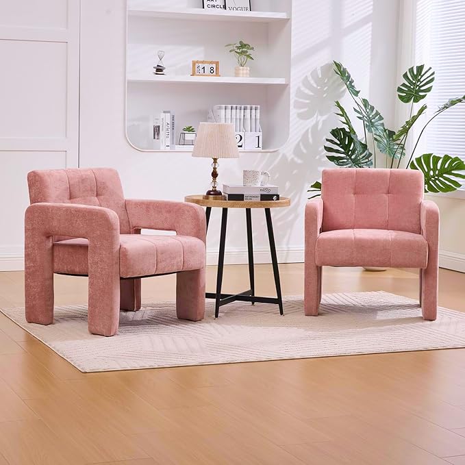 Modern Accent Chair Set of 1 Chenille Fabric Upholstered Reading Armchair Mid-Century Leisure Comfy Single Sofa Chair for Living Room Bedroom Home Office (Pink Set of 1)